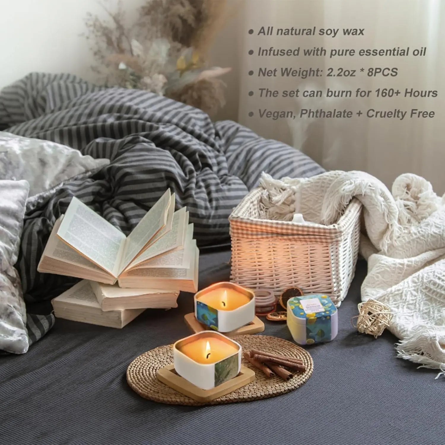 8-Pack Organic Aromatherapy Candles, Hand-Poured Soy Wax, Natural Fragrance for Home Decor and Relaxation